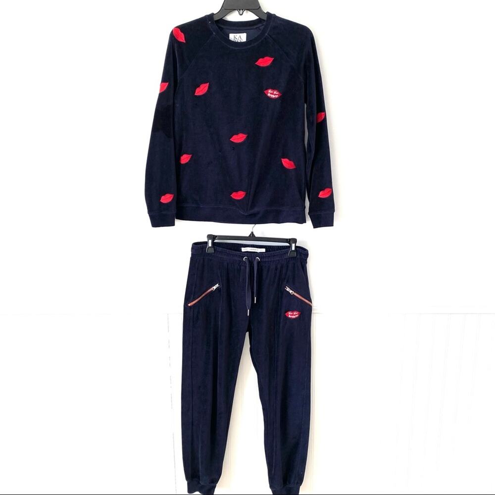 Zoe Karssen Kiss Kiss Bang Bang Navy Blue Velour Jogger Tracksuit Sweatsuit XS S